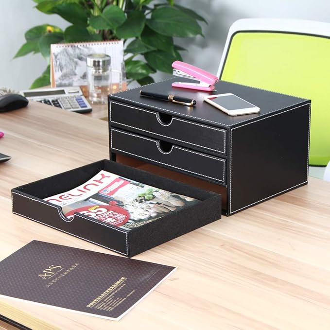 RHCSZ High-end PU Leather Desk Organizer File Cabinet Executive Office Supplies Desktop Filing A4 File Cabinet Stackable Storage Organizer Box with 3 Drawers (Black)…