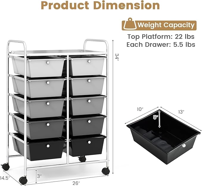 LDAILY 10 Drawer Rolling Cart, Storage Cart Organizer on Wheels, Drawer Cart with Metal Frame & Large Storage Capacity, Rolling Cart with Drawers for Living Room Classroom, Office
