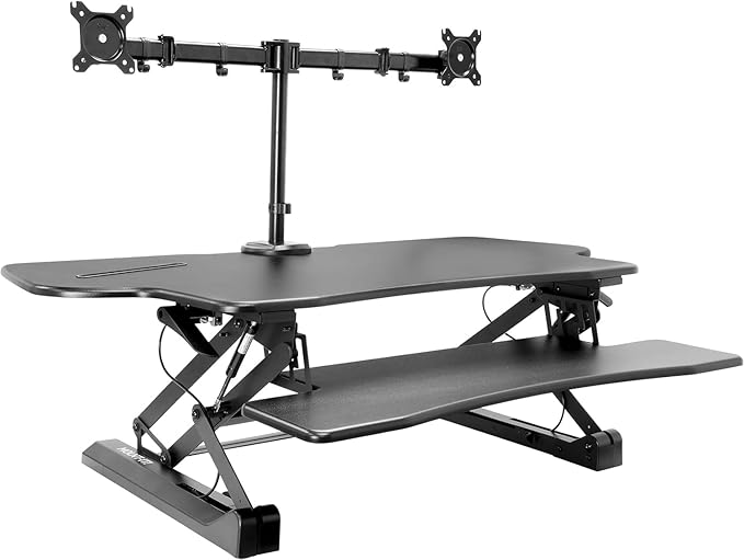 Mount-It! Standing Desk Converter Height Adjustable 47" Extra Large Wide Stand Up Desk Riser, Dual Monitor Arm Mounts, Stand Up Desk Convertor with Keyboard Tray, Fits Two Monitors up to 32"