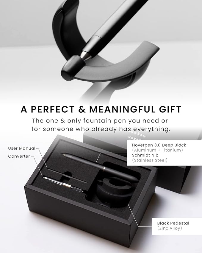novium Hoverpen Future - Luxury Fountain Pen, Schmidt Nib (Fine), Converter, Extra Refill, Futuristic Aesthetic, Aerospace Metal, Best Pen Gift Set for Men & Women (Deep Black)