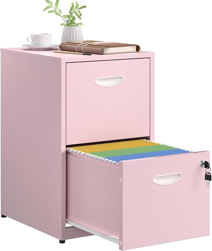 SteeLoong 2 Drawer File Cabinet with Lock,Pink Metal Office Drawers Filing Cabinets for Home Office, Two Drawer Under Desk File Cabinet for Hanging Letter,Easy Assemble | with Lock, Office Drawers, Filing Cabinets, Two Drawer, Under Desk, for Hanging L...