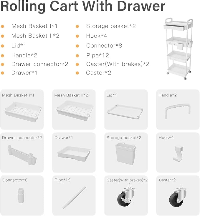 Sorgion 4 Tier Rolling Cart Organizer,Art Craft Diaper Bedside Snack Laundry Room Bathroom Organizer Narrow Thin Slim Rolling Trolley Utility Cart with Wheels for Kitchen,Office(White)