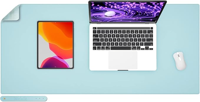 Wolaile Faux Leather Desk Pad Blotter,Waterproof Non-Slip Writing Desk Mat for Kids,36x17 in Desktop Protector Large Mouse Pad,Light Blue Office Home Table Cover