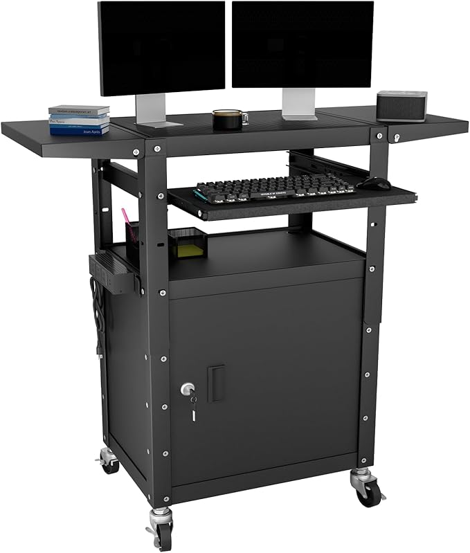 Mobile AV Cart with Pullout Keyboard Tray, Rolling Computer Cart Height Adjustable Rolling Media Utility Cart with Extra Storage Space, 4 Outlets, Perfect for Home or Office Use