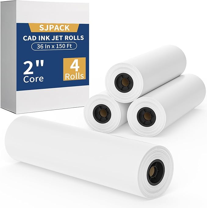 SJPACK Wide Format Paper Roll,36" x 150 ft Plotter Paper with 2 Inch Core for CAD and Inkjet Printing Premium Bond Papers for Engineering Architectural and Maps（4 roll）