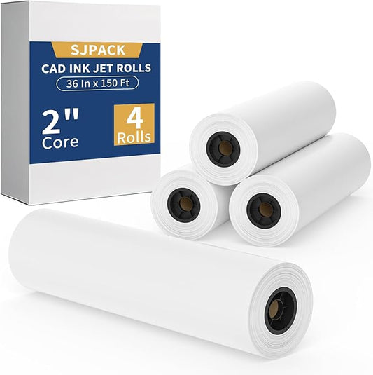 SJPACK Wide Format Paper Roll,36" x 150 ft Plotter Paper with 2 Inch Core for CAD and Inkjet Printing Premium Bond Papers for Engineering Architectural and Maps（4 roll）