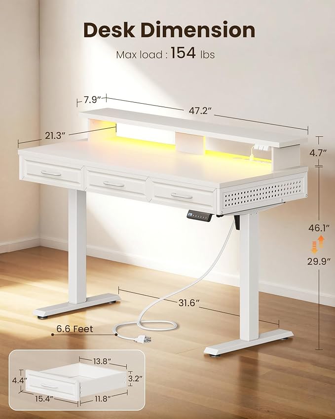 OffiGo Electric Standing Desk with 3 Wooden Drawers, 48 Inch Height Adjustable Desk with Power Outlets & LED Lights, White Sit Stand Table with Monitor Stand for Home, Office, Workstation