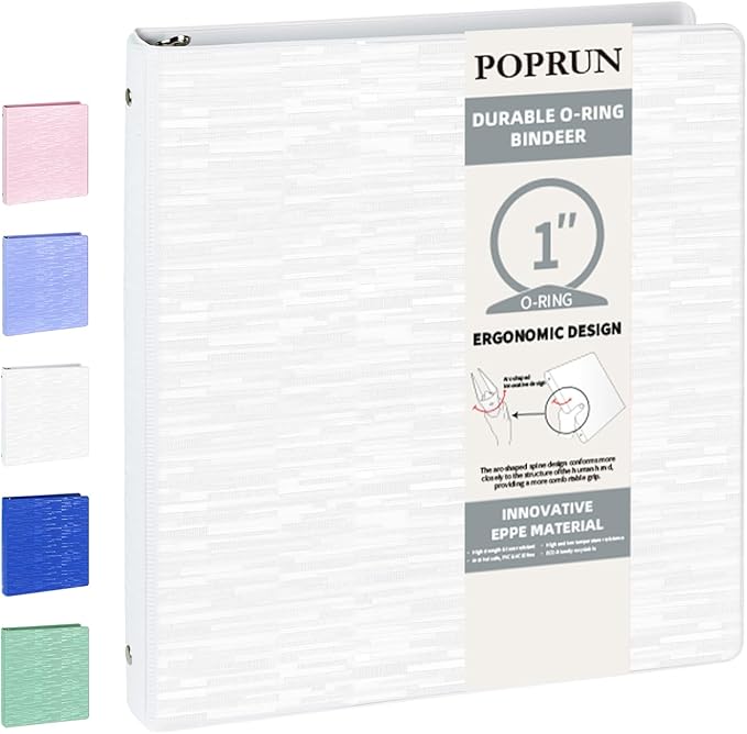 POPRUN 3 Ring Binder 1 Inch, PVC-Free, Holds 175 Sheets of 8.5 x 11 Paper, Extra Durable Organizer with 2 Pockets for School & Office, Heavy-Duty, 1 Pack, White
