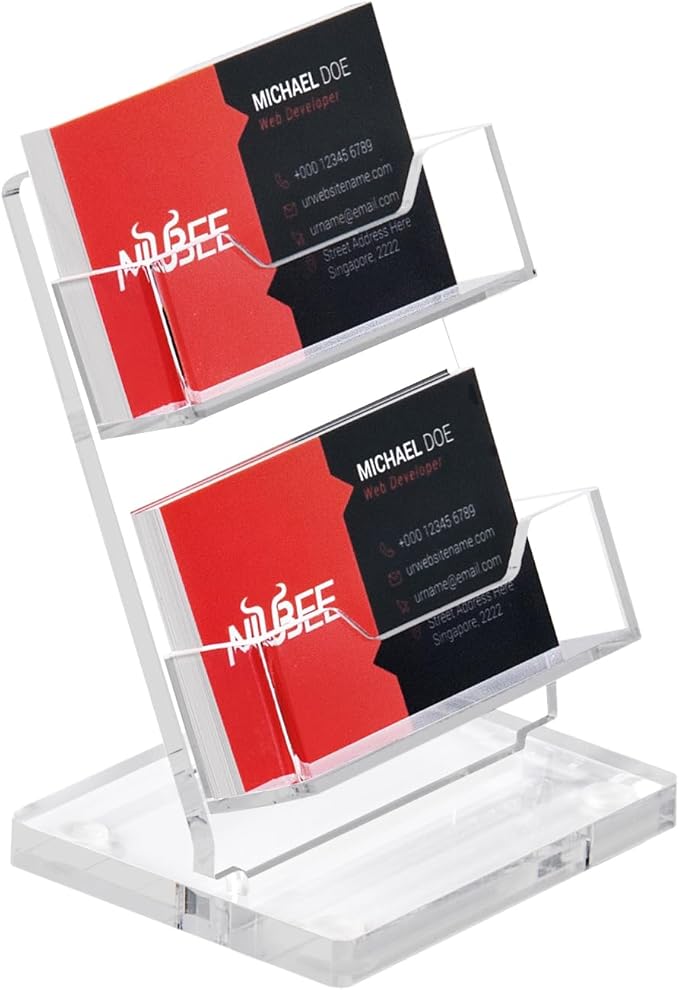 NIUBEE Acrylic Business Card Holder 2 Slots - Double Capacity Business Card Stand for Desk, 2 Tier Clear Gift Card Display for Office, Event, Exhibition