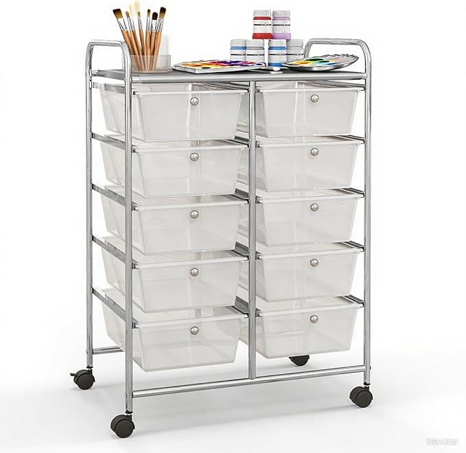 GLACER 10 Drawer Rolling Cart, Storage Cart with Lockable Whieels & Metal Frame, Trolley for Art Craft Oganizer, Mobile Utility Cart for Office, School, Classroom, Kitchen (Clear White)