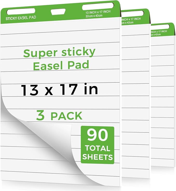 DINGIXOC Sticky Mini Easel Pads 13 x 17 Inches, 3 Pack Anchor Chart Paper for Teachers, Self Stick Flip Chart Paper with Sticky Back for Classroom, Office, 30 Sheets/Pad (Lined)