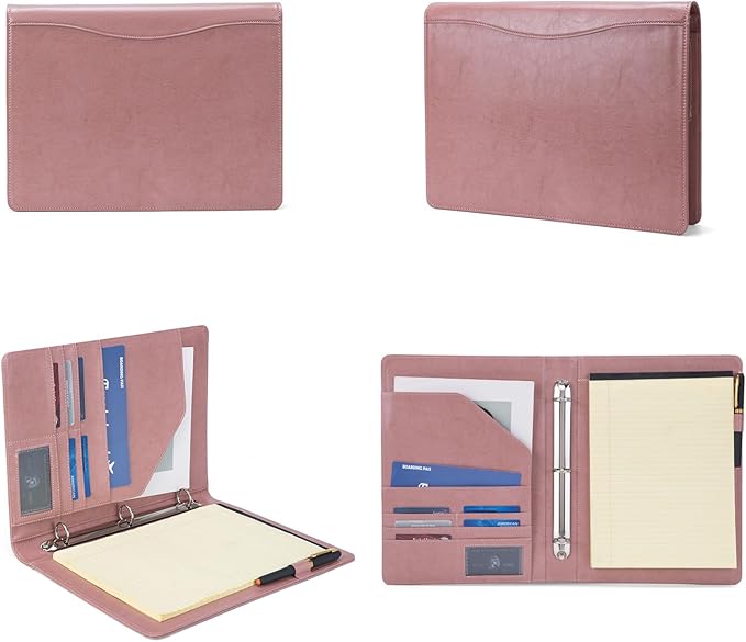 Geslun Vegan Leather 3 Ring Binder, 8.5 x 11 Letter Size Folio with Pen Holder, Soft Notebook Portfolio Cover, Slim Notepad Padfolio Thin File Organizer for Work Executive Meeting, Pink