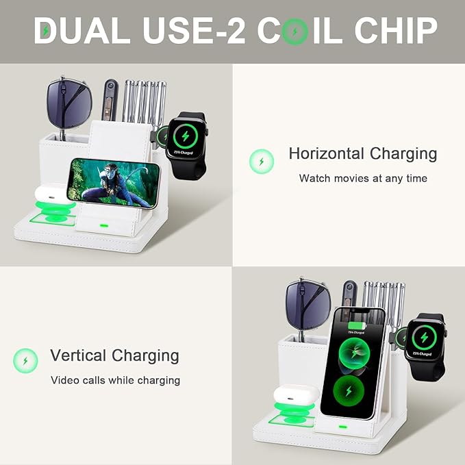 LADSTAG Leather Desk accessories Pen Holder with 3-in-1 Wireless Charger for Phone, Earbuds, Watch Multifunctional Desktop Phone Stand for Office and Home,birthday gifts,gifts for him (white)
