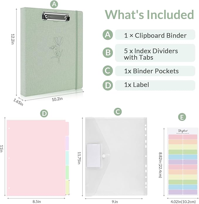 SKYDUE Clipboard Binder with Dividers,1 Inch Linen 3 Ring Binder with Clipboard on Front for Organizer, Clipboard Folder with Pocket, Labels Office Supplies OliveGreen