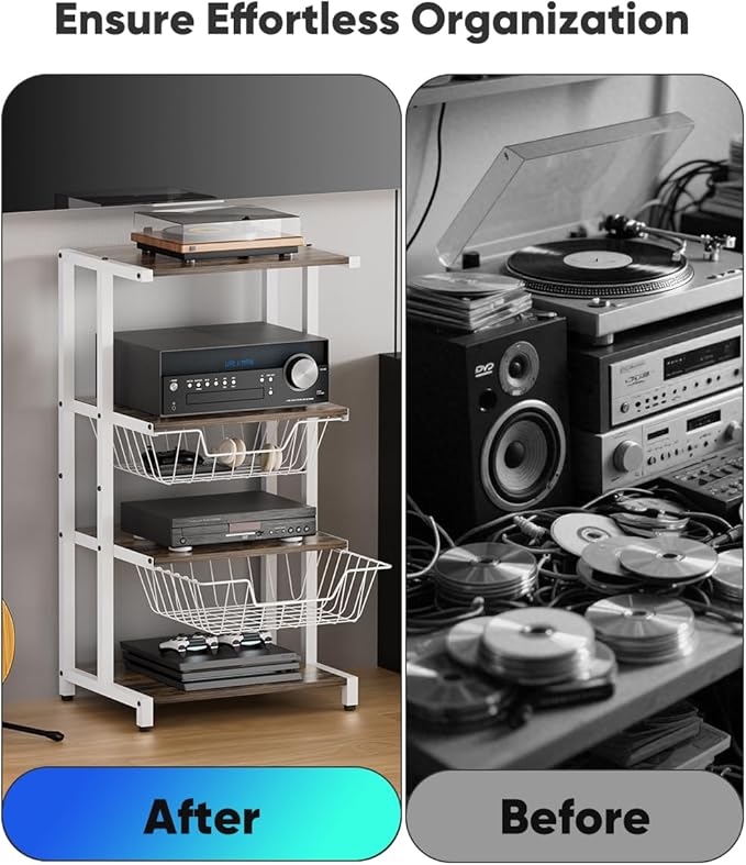 Ardier Media Stand with Two Detachable Baskets, 4-Tier AV Media Stand Corner Shelf for DVD Players/Cable Boxes/Games Consoles, Audio Storage Rack for Living Room, Gaming Room, Music Studio, White