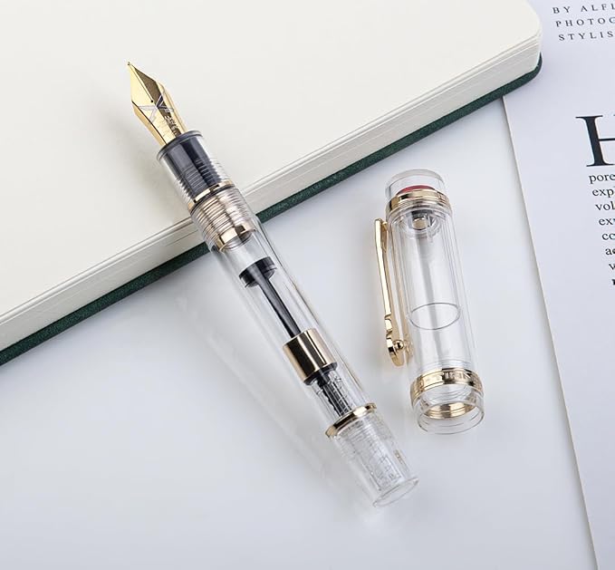 JINHAO 1935 Fountain Pen TIANDAO Series #8 Nib Ink Pen with Guitar-Shaped Clip and Ink Converter (M Nib 0.7mm, Transparent)
