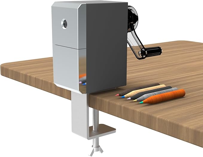 Premium Desktop Manual Pencil Sharpener, Desk Mount Design with Metal Clamp, Alloy Steel Hob，Hand Crank Operation, Silver and Gray
