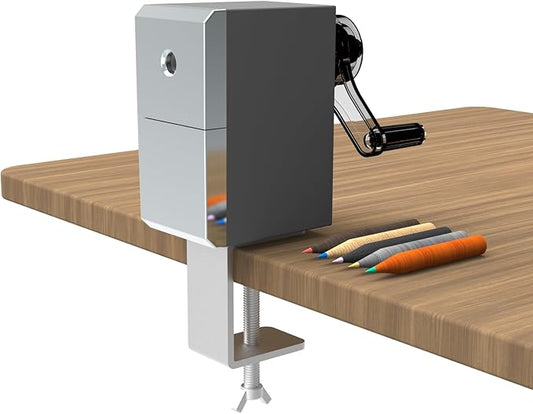 Premium Desktop Manual Pencil Sharpener, Desk Mount Design with Metal Clamp, Alloy Steel Hob，Hand Crank Operation, Silver and Gray