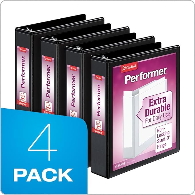 Cardinal Performer 3-Ring Binders, 1.5", Non-Locking Slant-D Rings, 375-Sheet Capacity, ClearVue Presentation, Non-Stick, PVC-Free, Black, 4-Pack (27401)