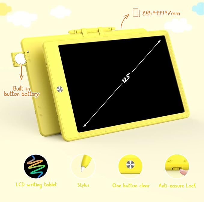 BUKEBU LCD Writing Tablet Doodle Board,12.5 inch Colorful Drawing Pad,Electronic Drawing Tablet, Drawing Pads,Travel Gifts for Kids Ages 3 4 5 6 7 8 Year Old Girls Boys (Yellow)