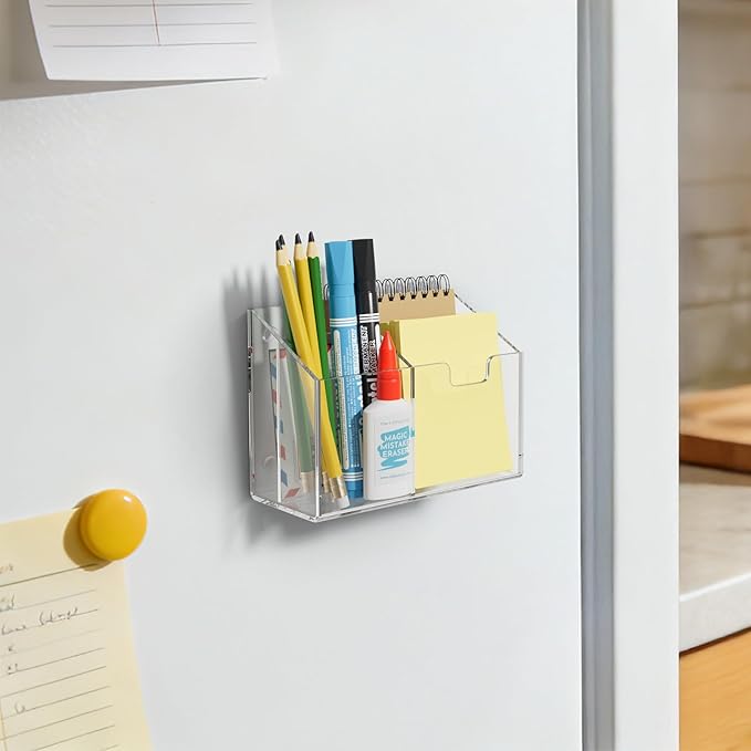 AITEE Magnetic Pen Holder for Refrigerator, Whiteboard & Locker - Acrylic 4-Magnet Organizer with Non-Slip Pads, Holds Markers, Pens, Scissors & Notes, Clear Accessory for Office, Classroom, Kitchen
