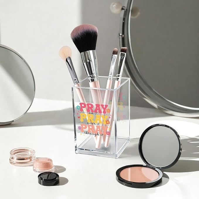 Vgrti Pray on it Pray through it Acrylic Cosmetic Pencil Pen Holder Cup, Bible Verse Pen Holder Cup, Women Faith Gifts, Christian Gifts for Women Mom Daughter Sister Friend Colleague Boss Teacher