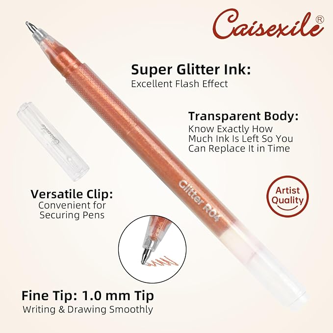 CAISEXILE 12 Yellow Glitter Gel Pens Set, 1.0 mm Fine Point for Black Paper & White Paper, Large Capacity Pens for Journaling, Adult Coloring Books, Drawing, Note Taking, Highlighting