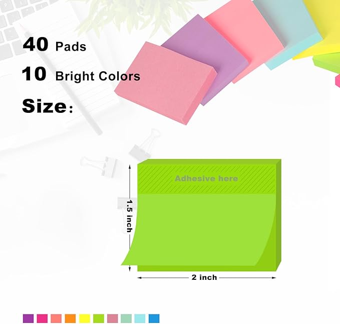 (40 Pads) Mini Sticky Notes1.5x2 in Post, 10 Bright Colors Small Sticky Notes Pad Strong Adhesive Its, Self-Stick Pads, Easy to Post for School, Home, Office