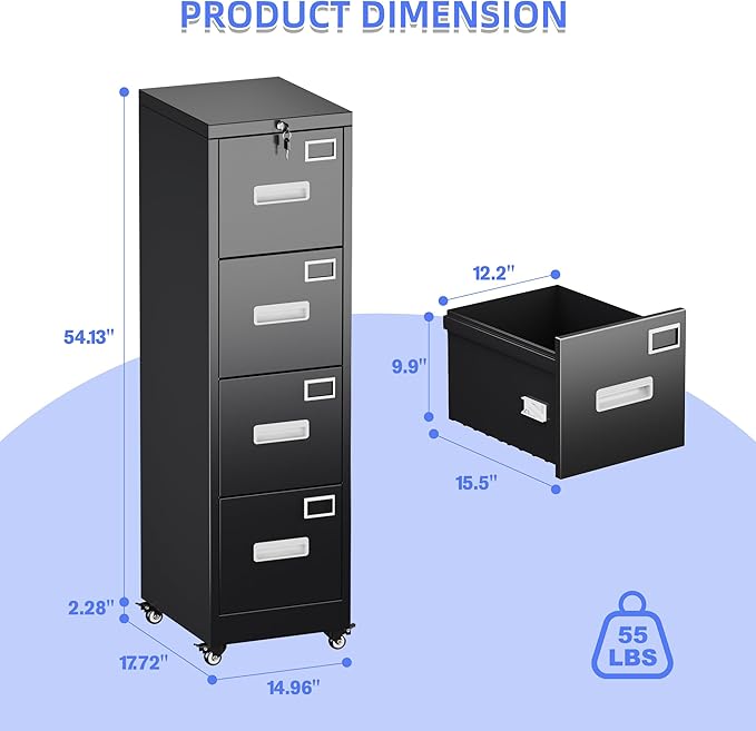 METAN 4 Drawer File Cabinet on Wheels, Lockable Metal Filing Cabinet with Handle and Name Card for Office Home,Assembly Required,Black