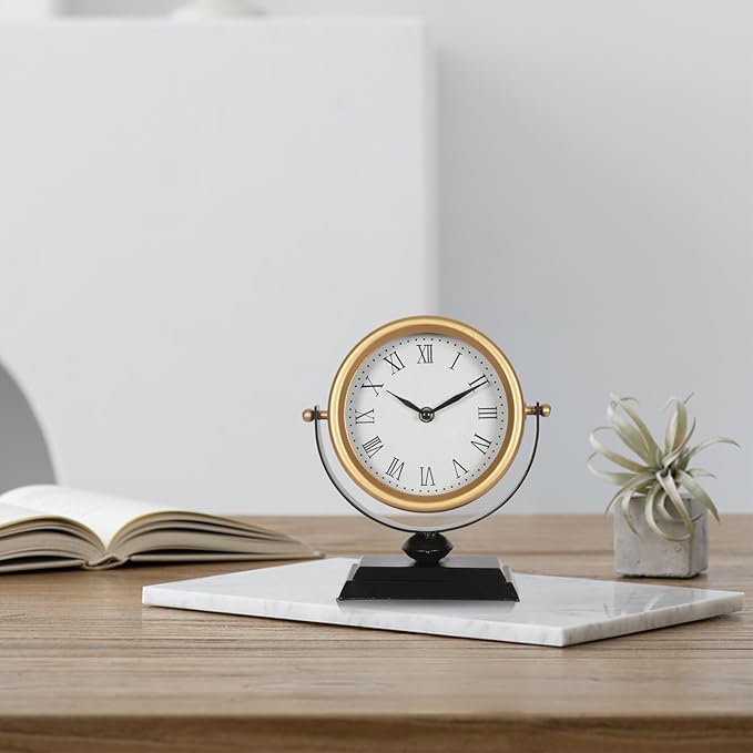 QIYAODECO Desk Clock - Classic Vintage Clock and Decorative Shelf Decor,Silent Non-Ticking Clock with Distressed Metal Frame for Office, Living Room or Bedroom