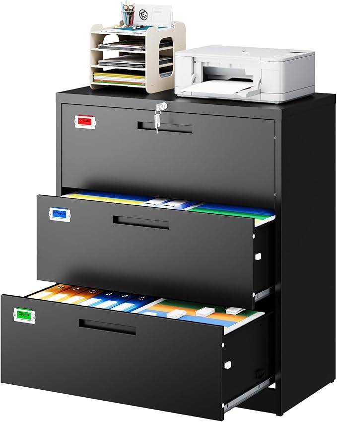 PEUKC 3 Drawer File Cabinet, Lateral Filing Cabinets for Home Office, Office Storage Drawers with Lock, Hanging Files Legal/Letter A4 Size (Assemble Required,Black)