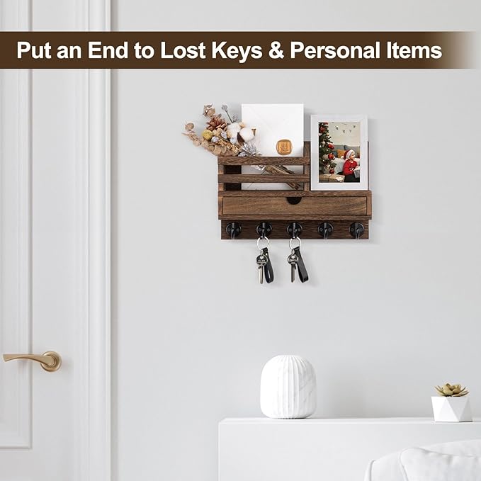Lucundm Key Holder Wall Mount, Mail Holder with Storage Drawer and 5 Key Hooks for Coat, Dog Leash, Home Decor Rack, House Accessories, Entry Way Organizer