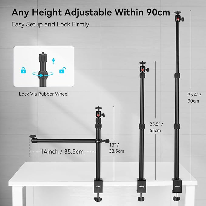 SMALLRIG Camera Desk Mount Table Stand with Magic Arm and 1/4" Ball Head, 13"-35.4" Adjustable Light Stand, Tabletop C Clamp for DSLR Camera, Ring Light, Live Streaming, Photo Video Shooting - 3992