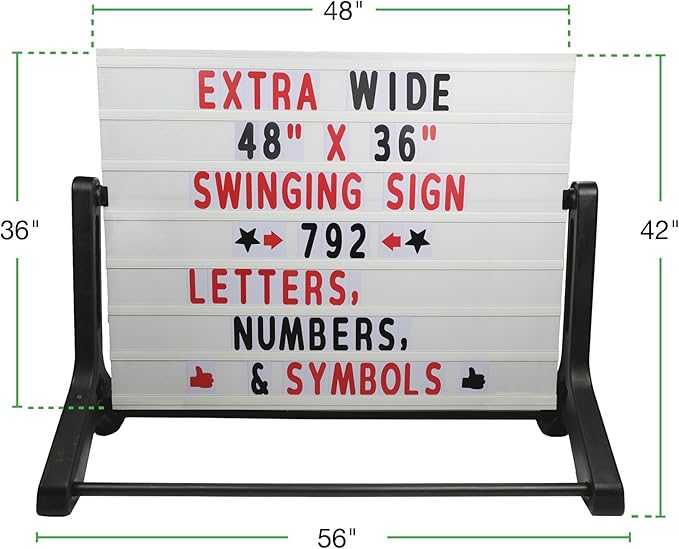 Swinging Changeable Message Sidewalk Sign: 36" x 48" Sign with 792 Pre-Cut Double Sided Letters and Storage Box. Includes Black Board & Letter Board (Black Color Legs)