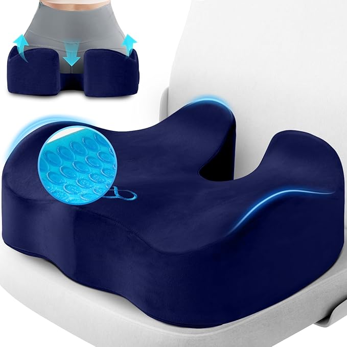 CushyOasis Seat Cushion, Gel Chair Cushions, Office Chair Cushions, Anti-Slip Bottom & Removable Cover Tailbone Pain Relief Cushion, Memory Foam Seat Cushion, 5.28 in Thick (Blue)