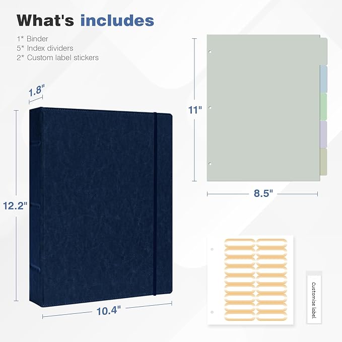Ospelelf Vintage Hardcover 3 Ring 1 inch Leather Binder, Professional Binders Organizer Suitable for Letter Size Documents, Binder Dividers with Tabs, Faux Dark Blue Leather