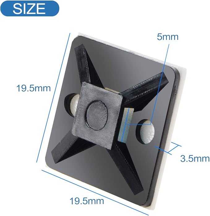 XHF 100 PCS 3/4" Black Self Adhesive Cable Zip Tie Mounts Wire Cable Clips Holders Management Anchors Organizer Holders Squares(HS-101S)