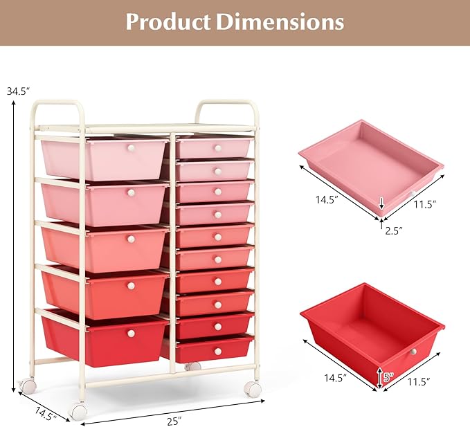 DORTALA 15-Drawer Rolling Storage Cart with Drawers, Rolling Utility Cart w/Removable Drawers & Universal Wheels, Tools Scrapbook Paper Organizer for School, Office, Home, Classroom (Gradient Pink)