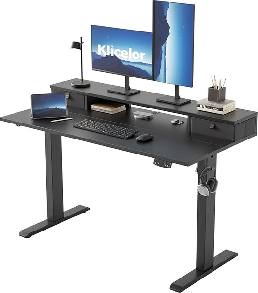 Klicelor 48 Inch Electric Standing Desk with Drawers, Adjustable Height Small Sit Stand Desk for Home Office, Compact Computer Workstation with Storage– Black