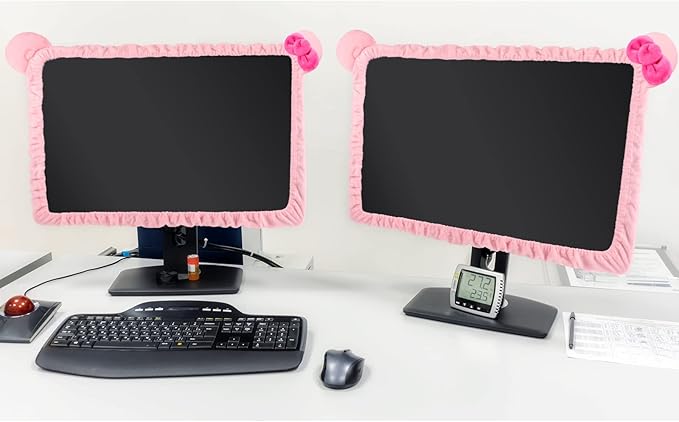 Remagr 2 Pcs 20''-29'' Kawaii Computer Monitor Cover with Cat Ear Design, Furry Cute Pink Monitor Dust Cover Protector Lovely Monitor Accessories Laptop TV LCD Screen Monitor Decoration for Tablet