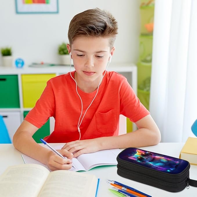 HiMagics Children's Pencil Case, Large Zipper Pencil Pouch for Boys with Two Compartments Boys Pen Pouch for School Cat with Headphones Pencil Bag, Black