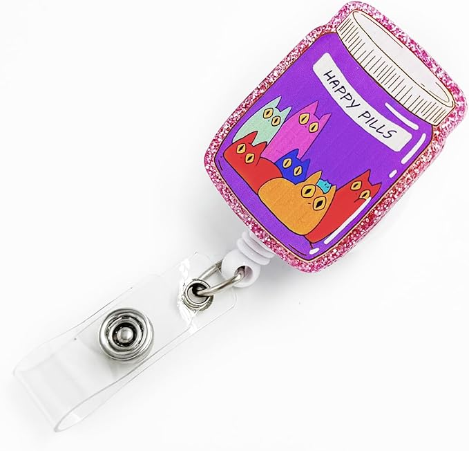 Badge Reel Retractable with ID Clip Cat Medicine Bottle Acrylic Badge Clip Nurse Badge Accessory for Pharmacy Pharmacist Nurse Medical Staff