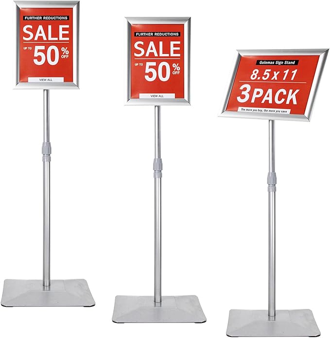 Golemas Adjustable Sign Stand for Display, with Upgraded Iron Base, Pedestal Floor Signage Stand Holder for Outdoor or Indoor Advertising (8.5 x 11, Silver 3Pack)