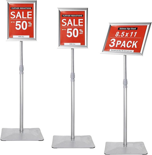 Golemas Adjustable Sign Stand for Display, with Upgraded Iron Base, Pedestal Floor Signage Stand Holder for Outdoor or Indoor Advertising (8.5 x 11, Silver 3Pack)