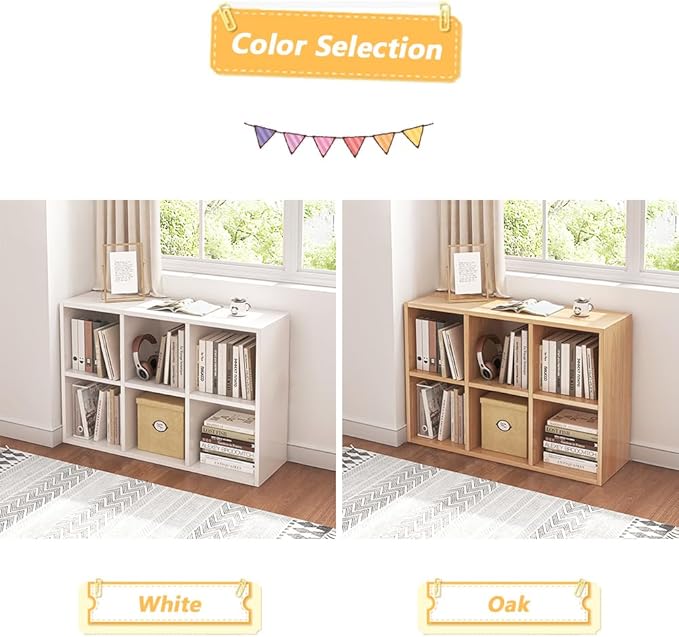 NELYE 6 Cube Organizer Bookcase - Fabric Storage Bins Container, Open Shelf Simple Compartments Bookshelf, Oak