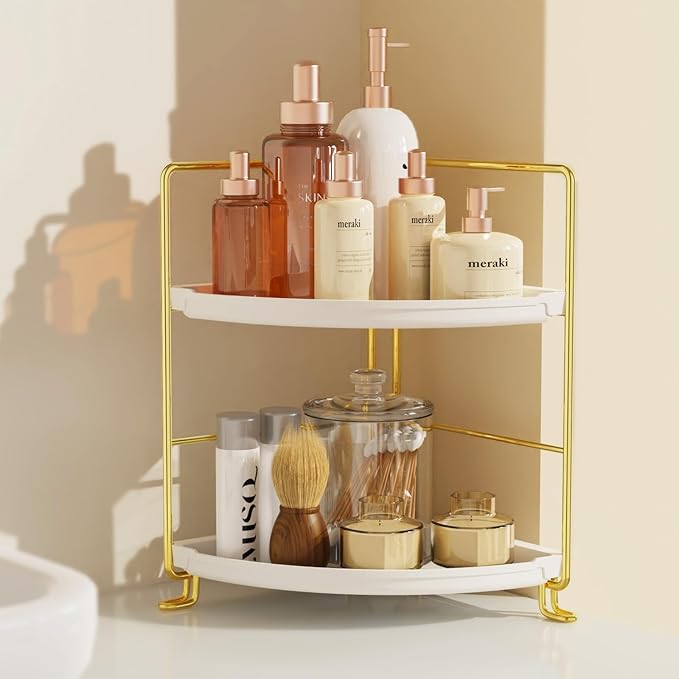 JANUS LiANG 2-Tier Corner Bathroom Countertop Organizer, Tiny Counter Corner Shelf Skincare Makeup Perfume Organizer and Organization for Kitchen (Luxury Gold)
