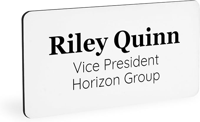 ExcelMark Custom Name Tag - Engraved Name Badge with Pin or Magnetic Backing, 16 Colors, 6 Fonts, and 2 Sizes to Choose from (White w/Black Letters, 1.5"x 3")