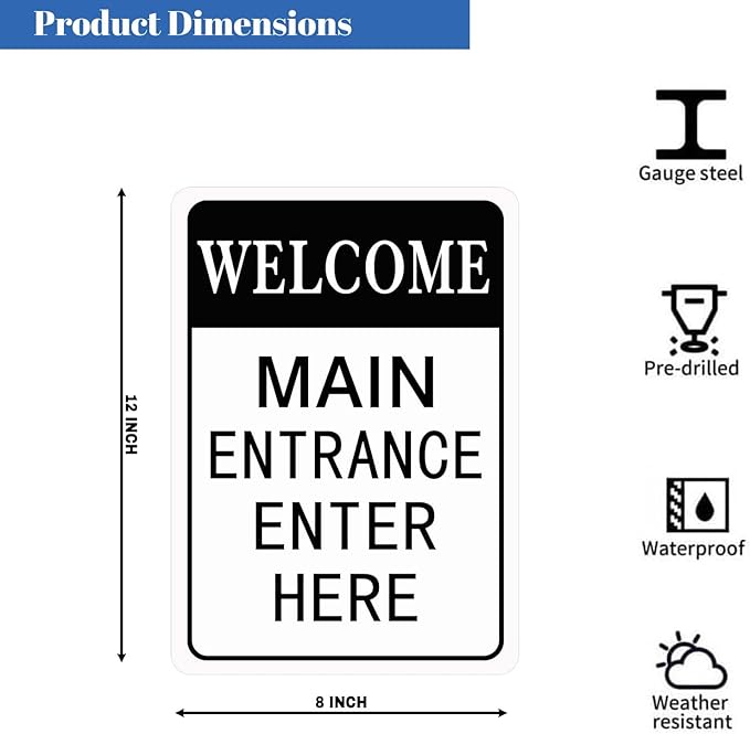 HBXNZ Main Entrance Enter Here Sign Security Street Road Metal Tin Sign Wall Decor 8X12 Inches