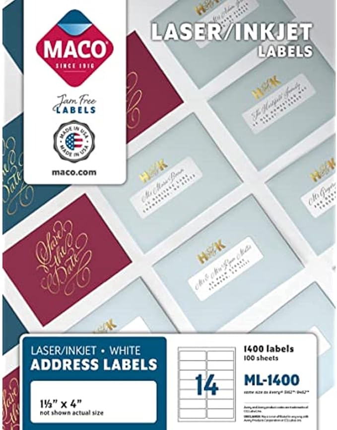 MACO Printable Labels for Mailing - Laser/Ink Jet Compatible Shipping Address Return Labels, 14 per Sheet, 1-1/3 x 4", Box of 100 Pages/1400 Labels, White