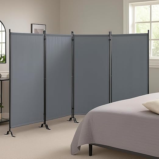 Proman Products - Galaxy 4 Panel Section Privacy Folding Screen Divider, Water Repellent Fabric Room Divider with Black Powder Coated Metal Frame for Indoors or Outdoors (Gray)